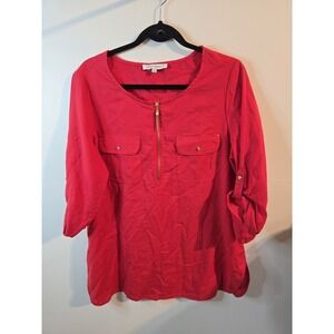 Emily‎ Daniels Womens Medium Linen Blend Half Sleeve Red Zipper Fall Classic